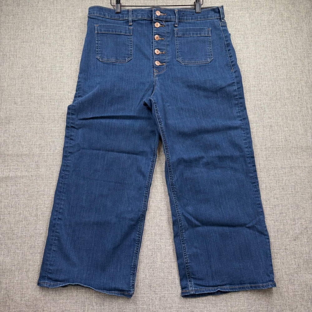 Express Womens Cropped Wide Leg High Rise Button Fly Patch Pocket Jeans Blue 14R